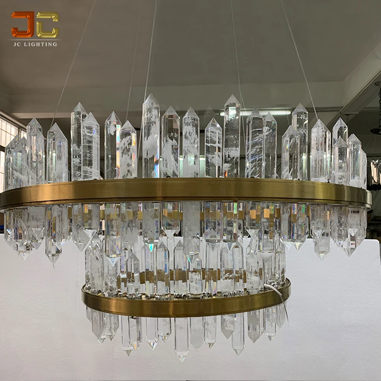 
American luxury rock crystals pendants two levels ring lamp french gold with large glass rocks for chandelier 