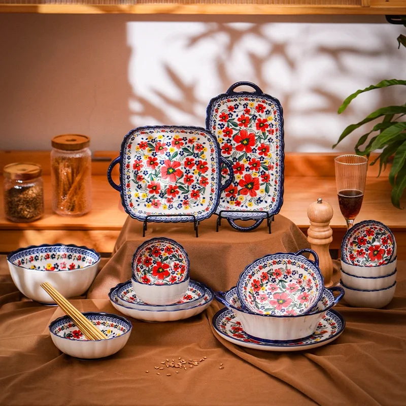 colorful flowers Dinnerware Set Bohemia Style Ceramic Cutlery with Foam  Hand-painted Exquisite Creative Household Tableware