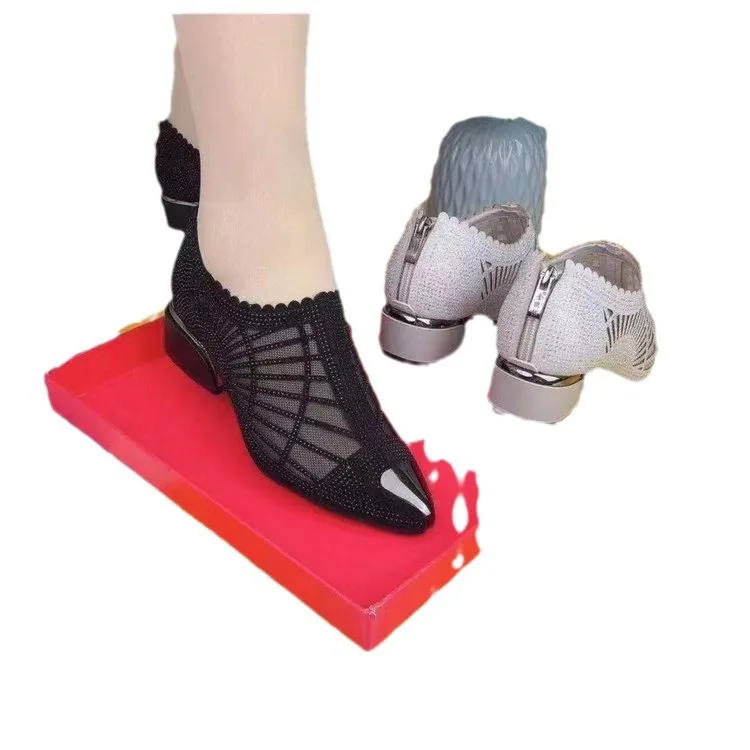 2024 new style pointy boots thick heel mom dance shoes comfortable mesh shoes breathable hot drill deep mouth single canvas