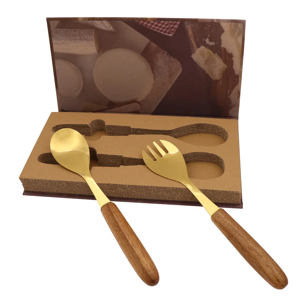 Gold Stainless Steel Spoon and Fork Set Salad Servers Utensils for Serving Salad