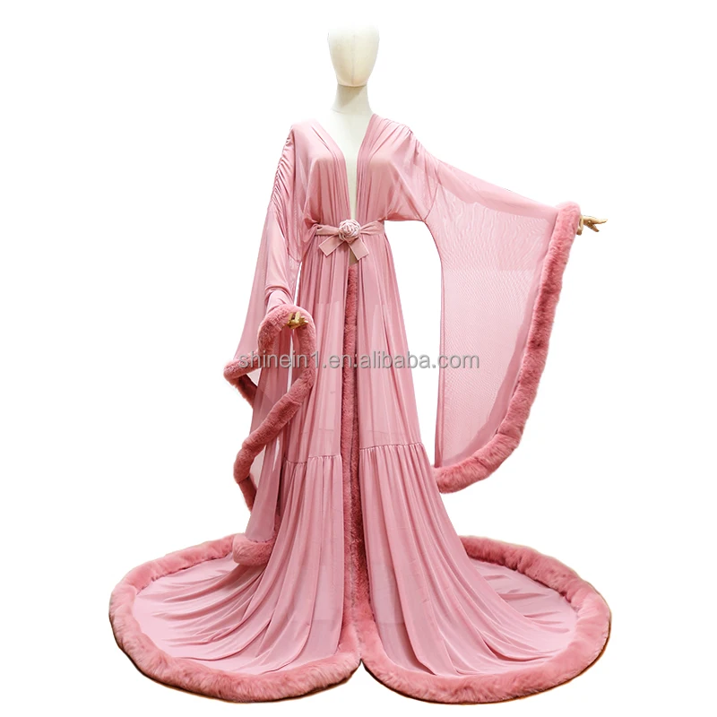 Wholesale Women Sheer Feather Lace Lingerie Tail Dress Long Nightgown Fur Robe Transparent Feathers Sexy Lingerie Robe with Fur
