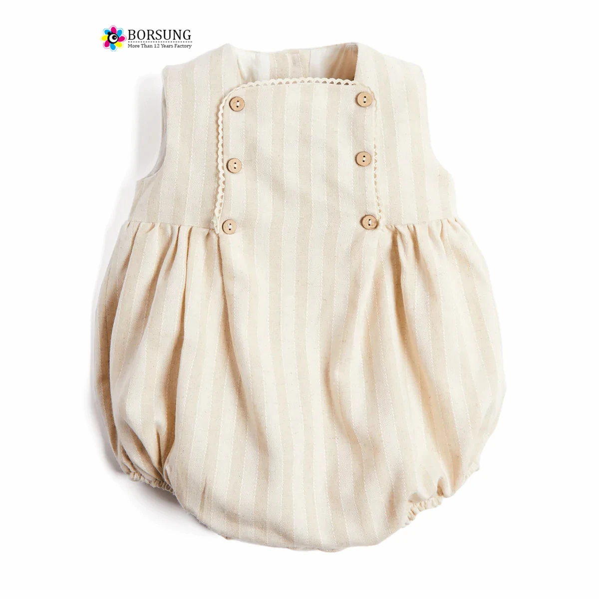 High Quality Summer Baby Clothing Jumpsuit Unisex Beige Striped Button Front Sleeveless Romper