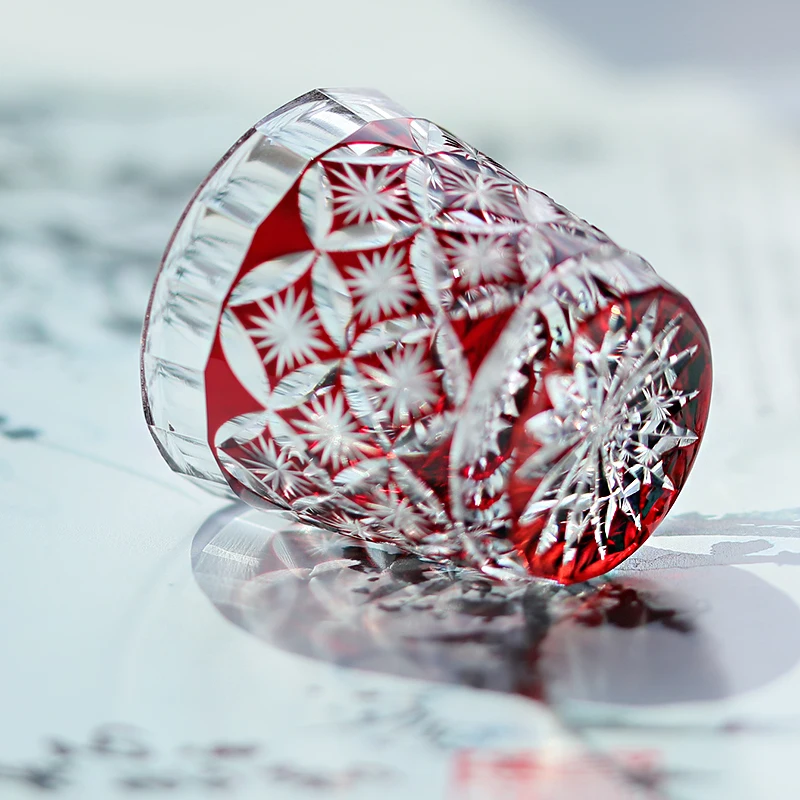 Hand Blown Hand Carved Sake Glass Japanese Style Beautiful Patterns Liquor Shot Glass Blue&Red&Purple Color Overlay Glass