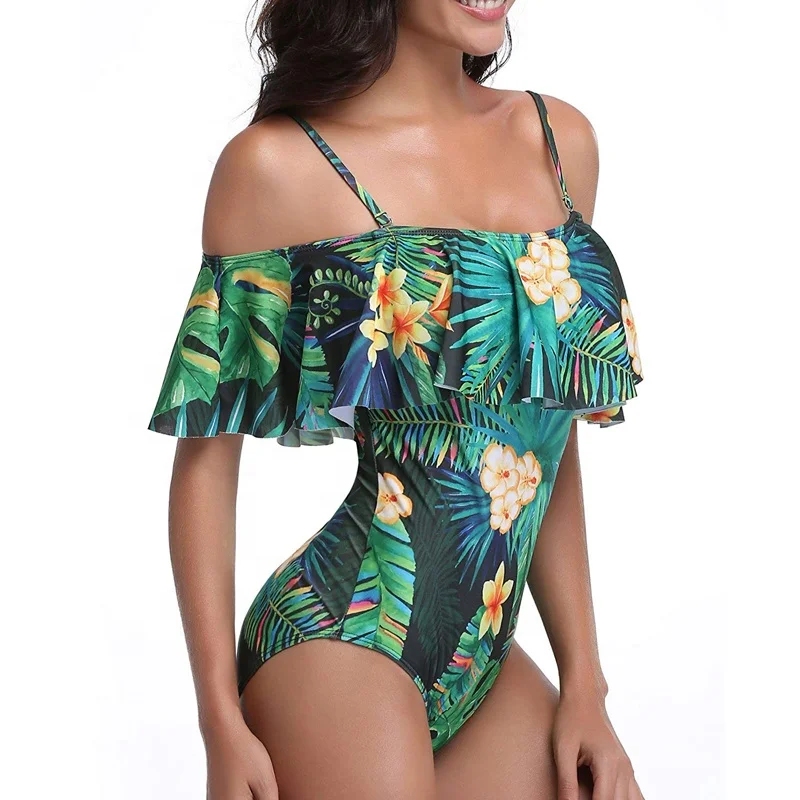 Женский слитный купальник, винтажные купальные костюмы с открытыми плечами и оборками, женский купальник, бикини