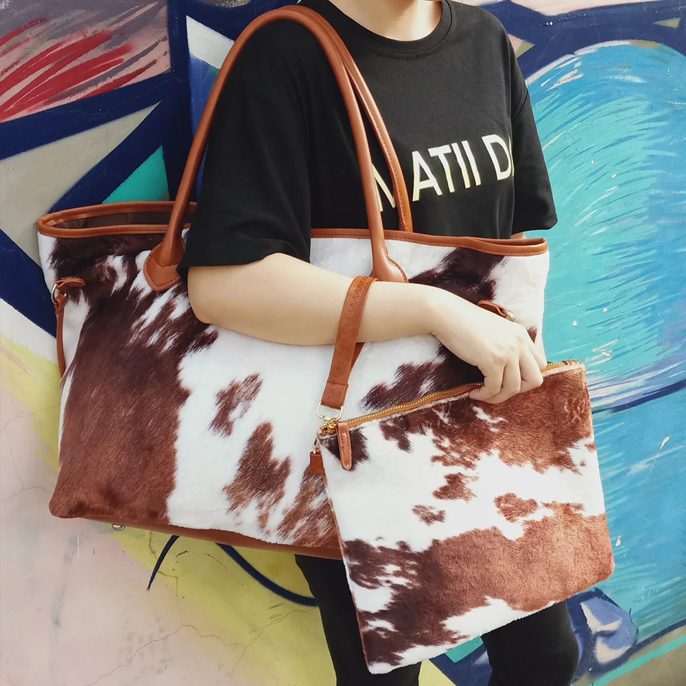 Wholesale PU Leather Tote Bag Cow Hide Skins Leather Purse Bags With Custom Printed Cowhide DOM117-1431