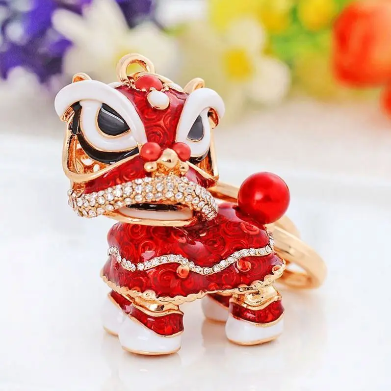 Chinese Style bling luck Keychain Dance Lion Rhinestone Pendant Metal crystal Key Chains Key ring for Car bag Charm fashion Gift