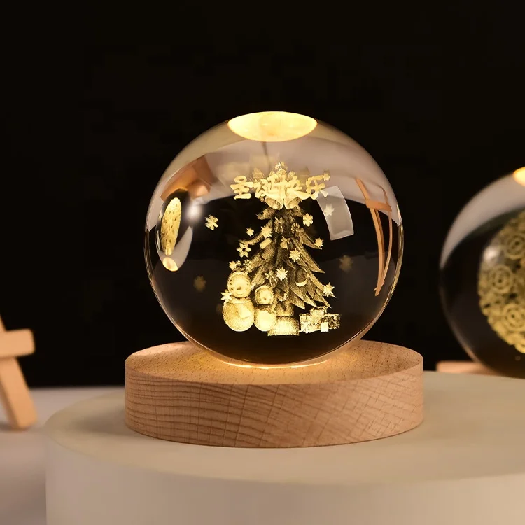 Newish Wholesale USB Indoor Wooden Base  3D Crystal Ball Light for Room Decoration