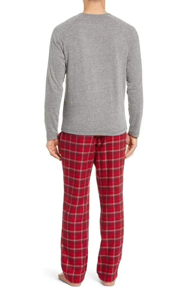 
MGOO Custom Long Sleeve Soft Cotton Crew Neck Men Black Pajama Set with Plaid Pants 