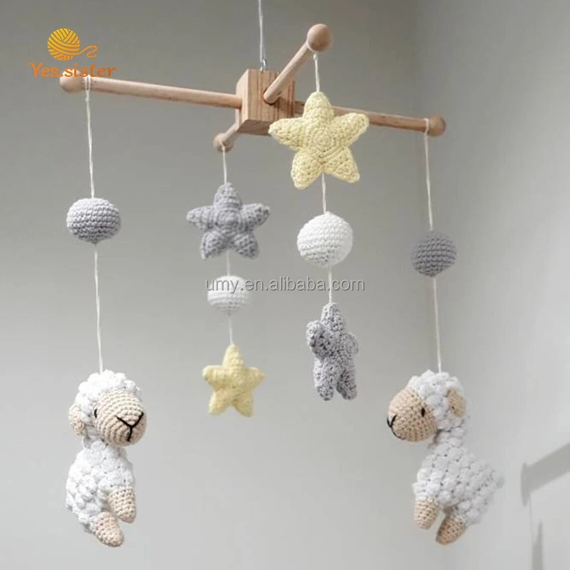 Eco-friendly 100 % Cotton Non Toxic Soft Toy Crochet Knit Sheep Star Cot Mobile Baby