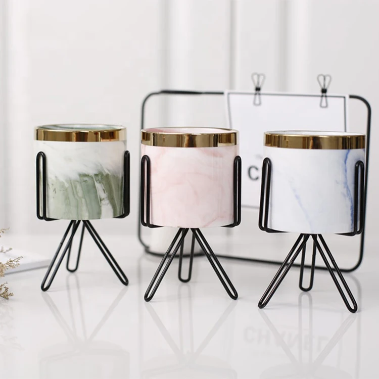 Wholesale cylinder customizable cheap price wedding decorative marble unique ceramic luxury candle jars with iron rack