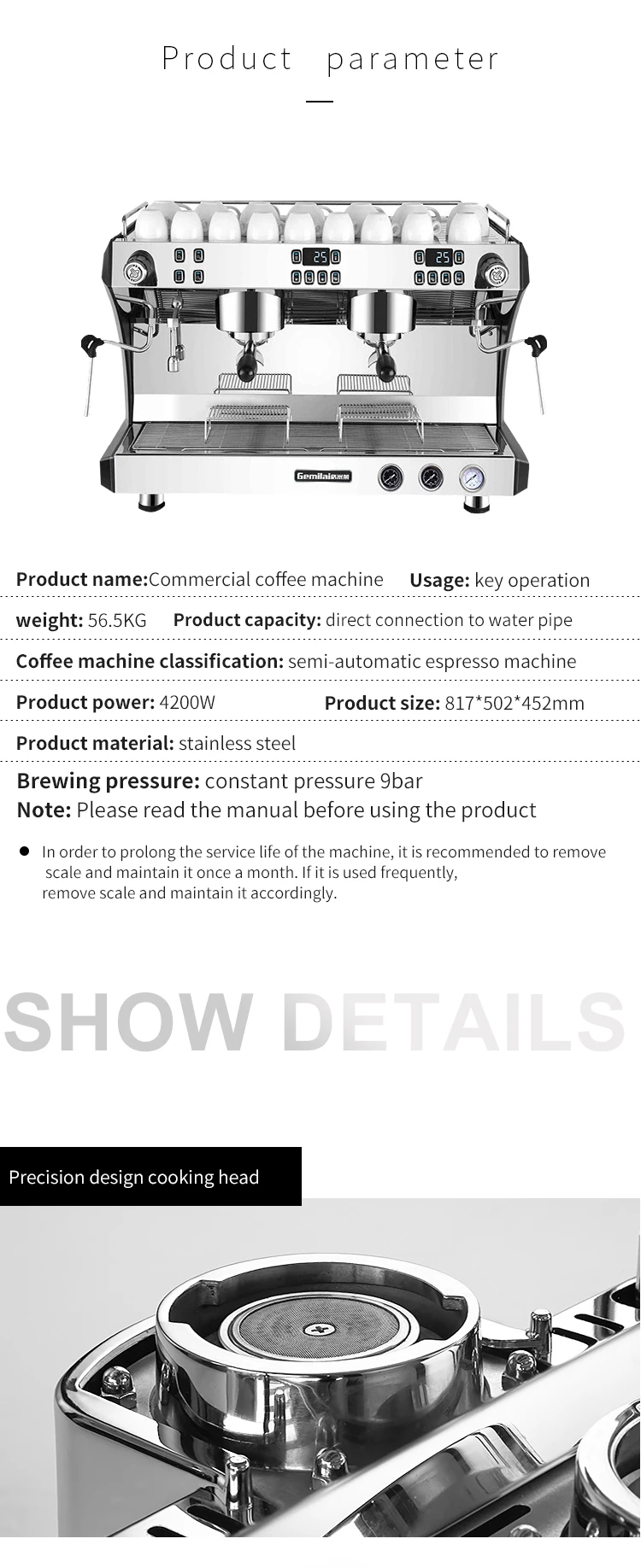 High Power High Pressure Double Group Head Commercial Commercial Imported Pump Cafe Shop Industria Coffee Machine Espressol 220V