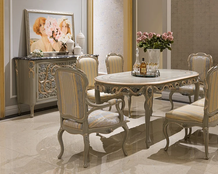 Luxury Carved Wooden Marble Top Dining Room Sideboard Cabinet china cabinet