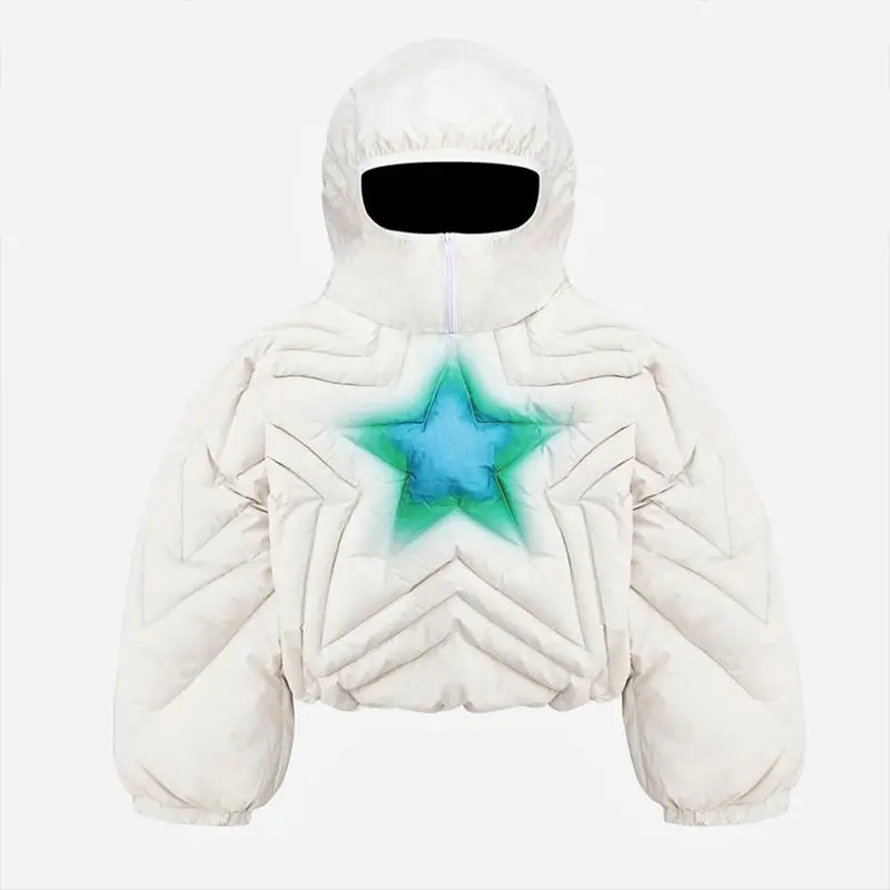 LULUSEN New Design Mens Streetwear Quilted Cropped Puffer Coat Trap Vibe Star Puffer Jacket with Hood