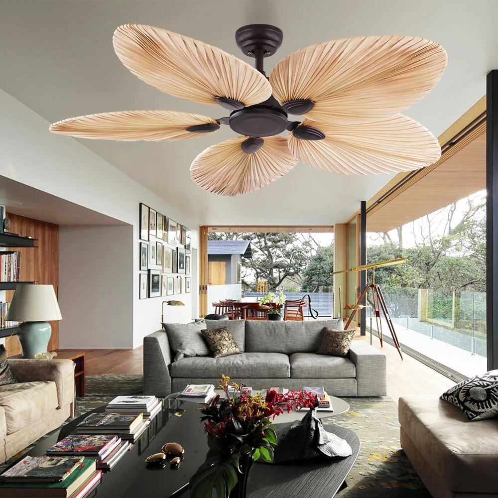 Hot Selling Manufacturers 52 Inch 220v Power AC DC Palm Leaf Led Ceiling Fan Light