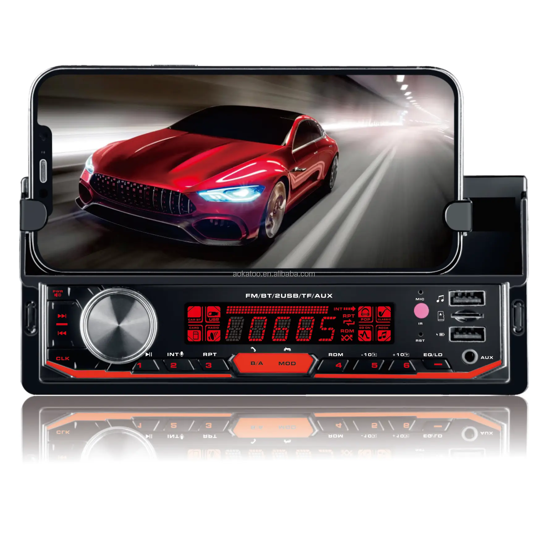 Car Cellphone holder radio audio mp3 player supported BT 12v car aux with Dual USB with mobile phone recharging