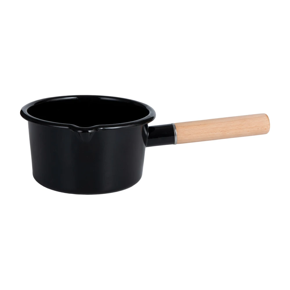Korea Style Enamel Milk Pan Durable Sauce Single Handle Pan Pot Enamel Metal Mini Saucepan Milk Pot with Wood Handle