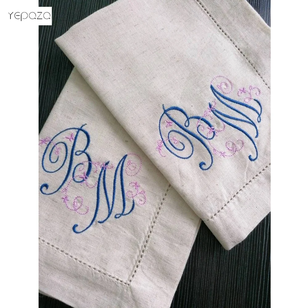 Factory price best selling custom Monogrammed design embroidery white cotton hemstitched cocktail napkin for promotion