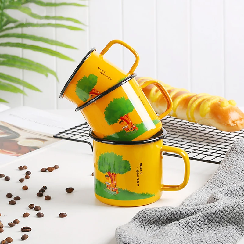High Quality Bulk Custom Yellow Colored Logo Printing Vintage Design Enamel Coffee Bear Mug