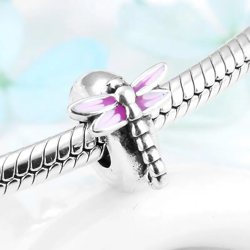 Real 925 Sterling Sliver Pink Enamel Butterfly CZ Spacer Beads Charms for Bracelet Jewelry making Fashion Accessories Hot Sale