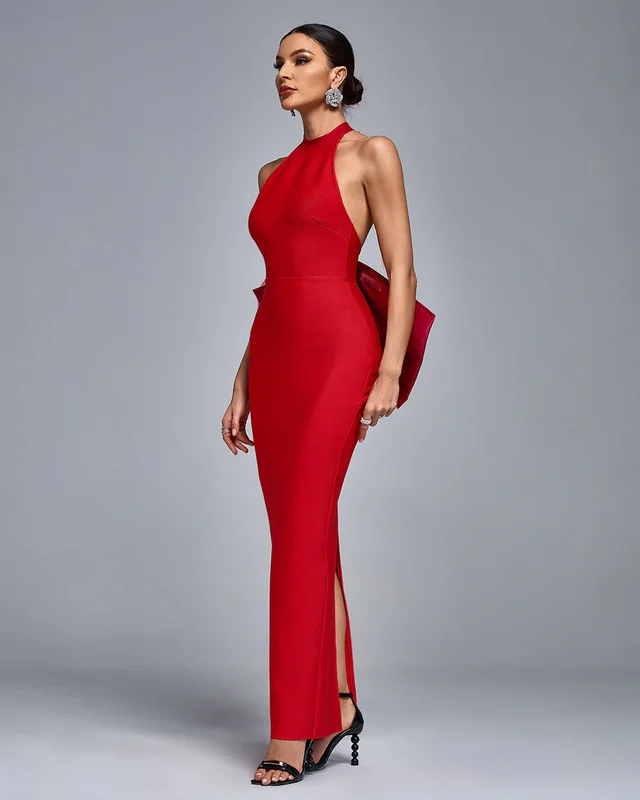 C3657 Fast Shipping Red Party Club Dresses Halter Sleeveless Bowknot Bandage Sexy Women Midi Dresses