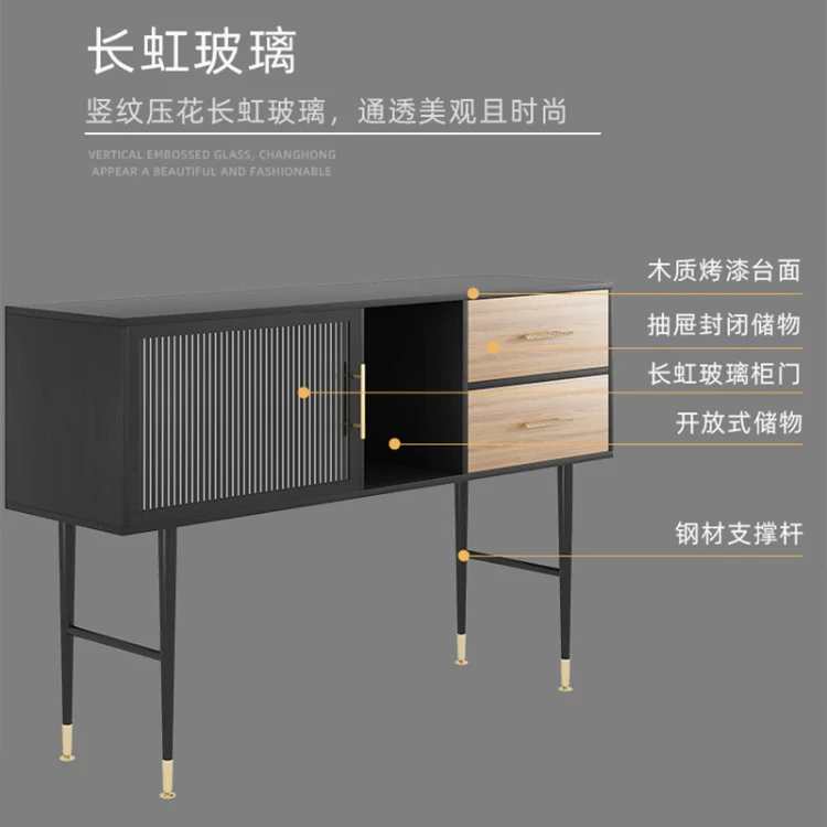 Living Room Furniture Tv Console Table Modern Storage Cabinet Metallic Sideboard With Ribbed Glass