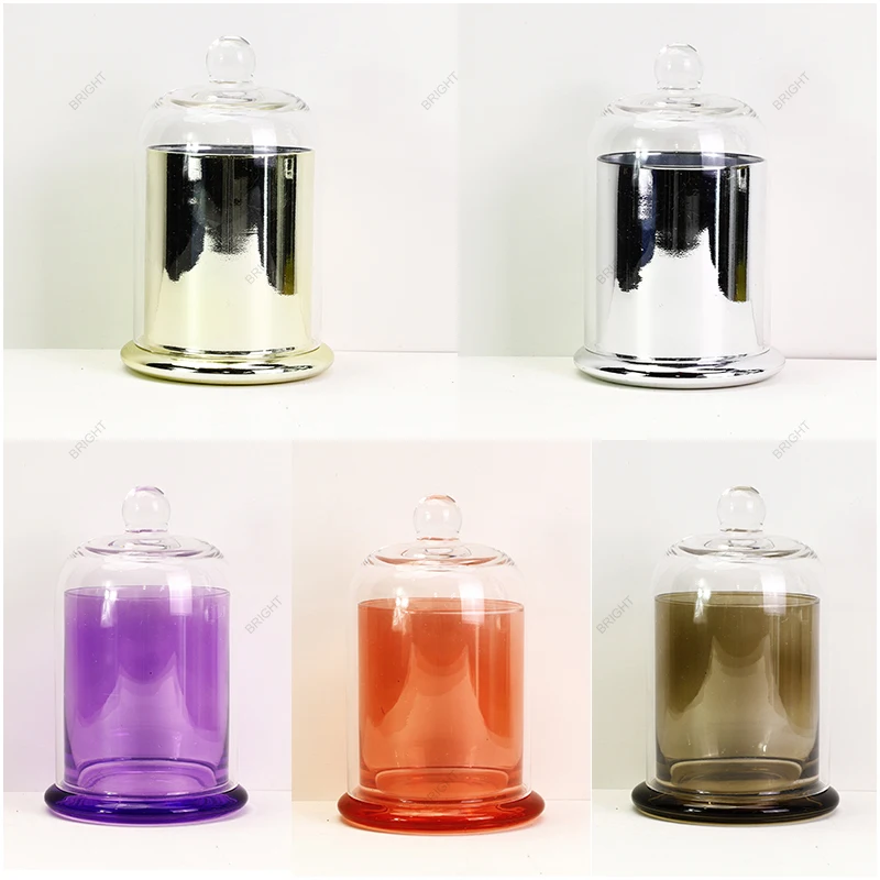Aroma Wholesale Empty Crystal 8oz 10oz Custom Logo Colorful Glass Candle Vessels With Bell Cloche Dome Lids Candle Jar Luxury