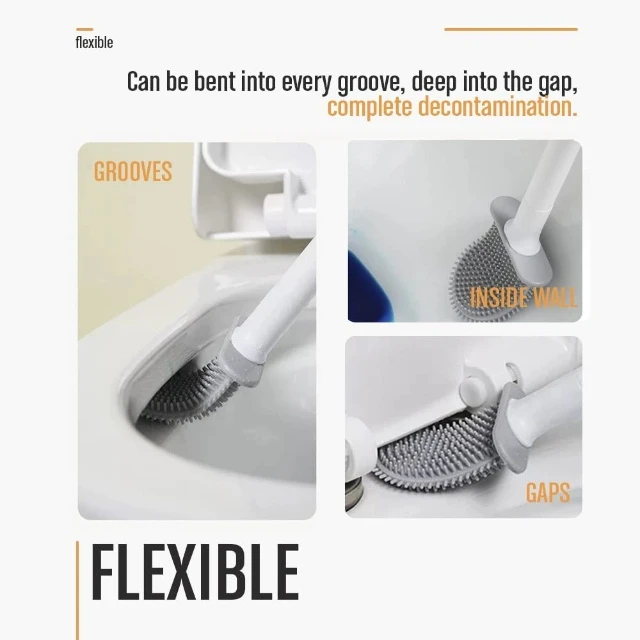 Advanced Silicone Toilet Brush with Wall Mount Creative Clean Brush with Self Adhesive Base Toilet Brush for Bathroom-White