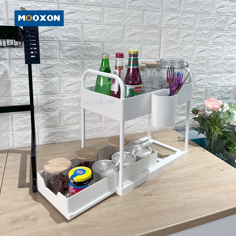 Wholesale ABS Plastic 2 Tier Sliding Undersink Storage Basket Rack Kitchen Shelf Under The Sink Organizer For Bathroom