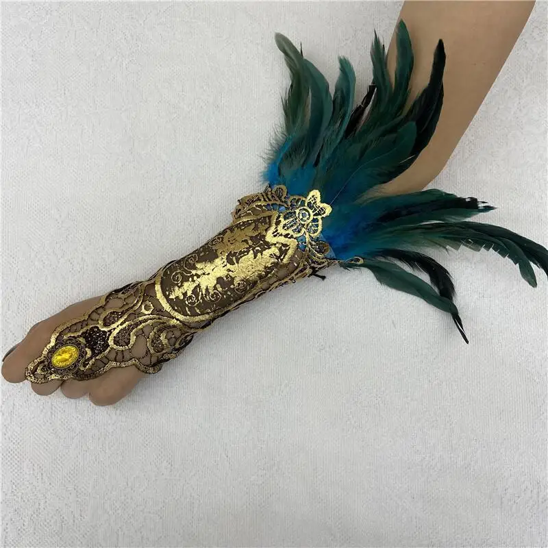 King Mcgreen star Halloween Feather Bracelet Gothic Style Feather Glove Hollow Gold Lace Lace Arm Cover