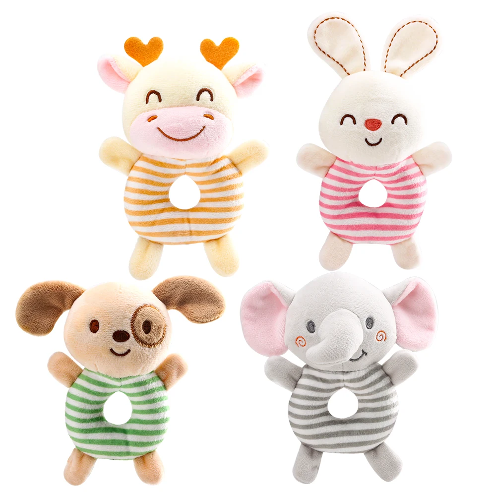 Wholesale 4 designs available baby animal cartoon plush rattle toys soft hand bell