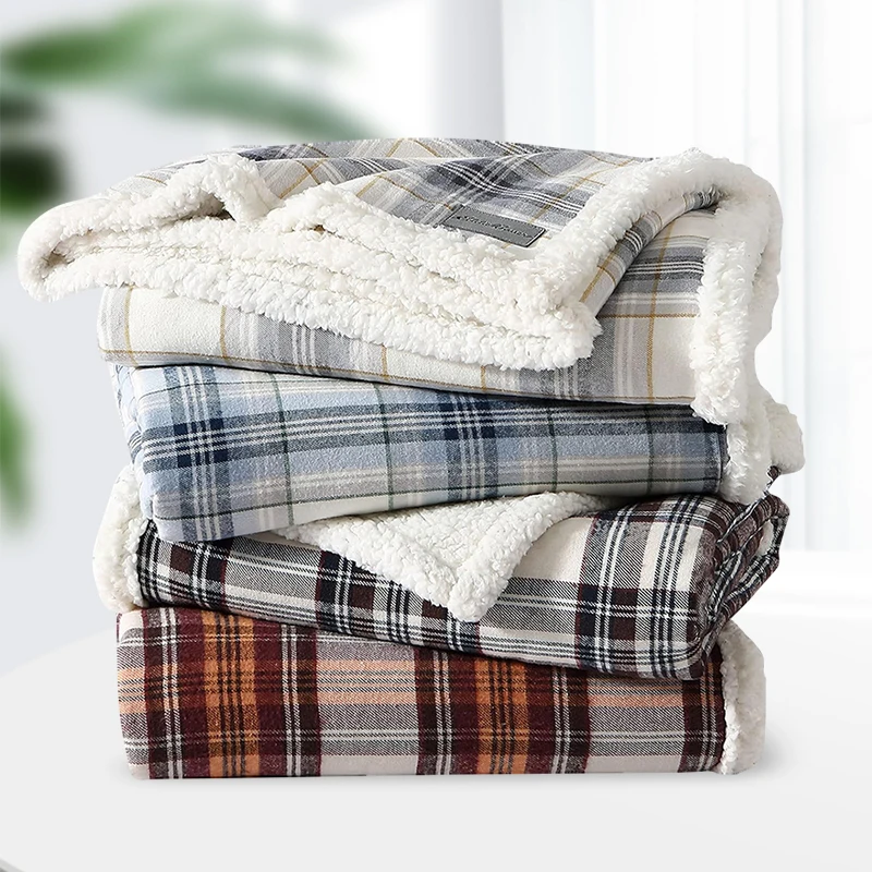 Plaid Printed Super Soft Thick Warming Double Layer Flannel Sherpa Fleece Blanket Throw With Custom Logo