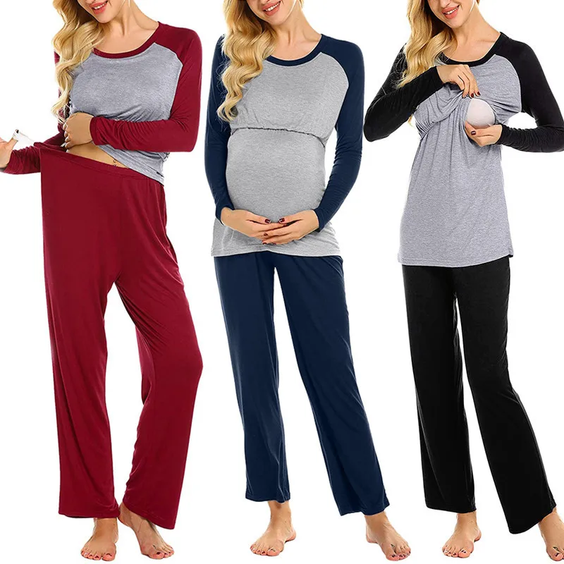 Europe and the United States burst of pregnant women nursing pajamas fashion solid color Mosaic long-sleeve suit