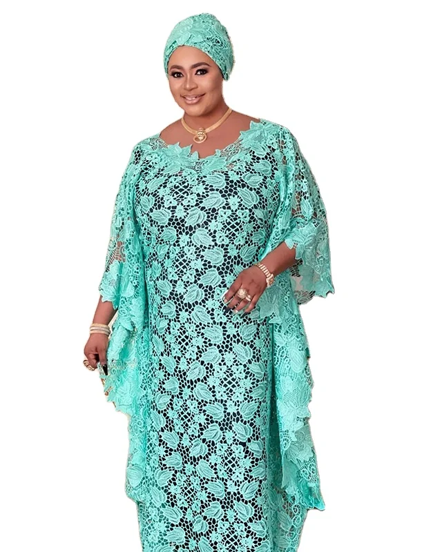 Women Muslim dress 2022 summer african Long green lace dress with scarf