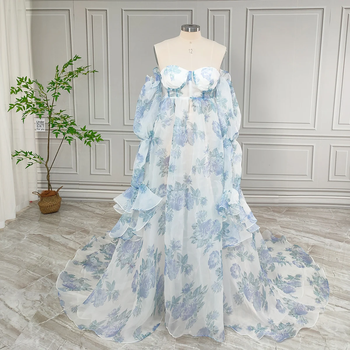 100% Real Photos High Quality Printed Organza Maternity Photo Shoot Dress For Baby Shower Pregnant Women Gowns With High Slit