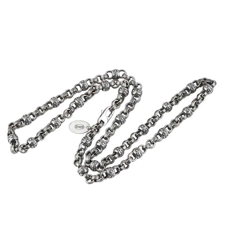 Genuine S925 Sterling Silver Jewelry 6mm Personality Retro Text Ring Design Necklace for Men