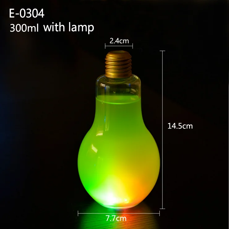 300ml 10oz Juice Coffee Beverage Disposable Light Bulb Shape PET Plastic Bottle With Led Lamp For Decorated