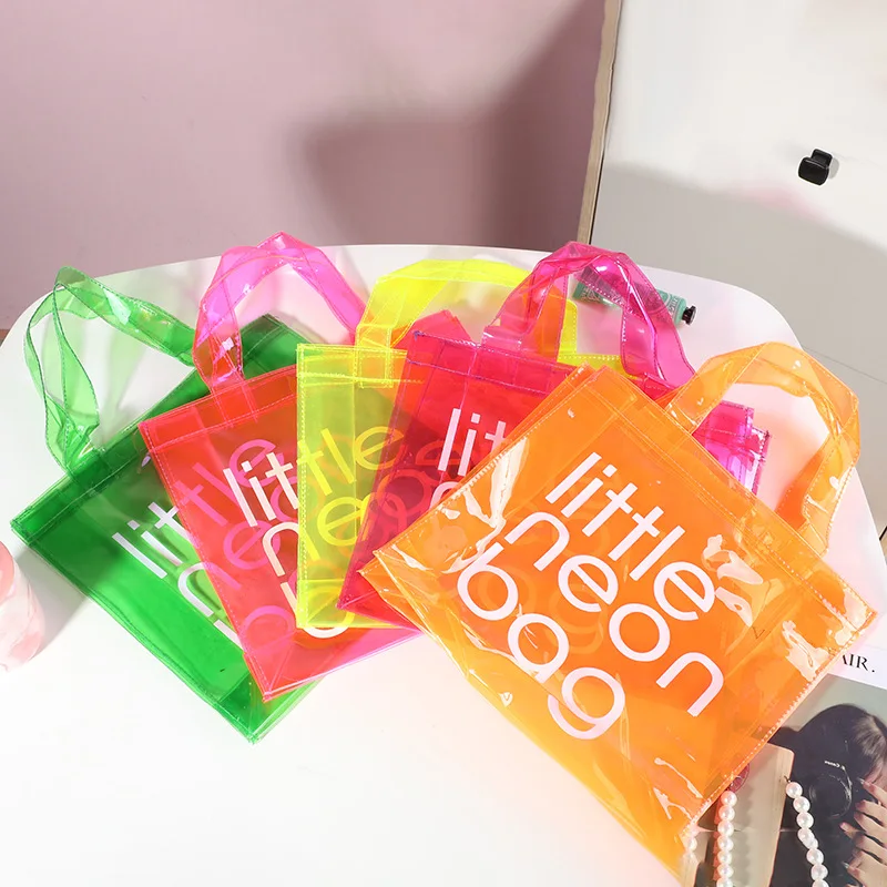 Custom fashion eco friendly cheapest high quality transparent little neon pink pvc tote bag