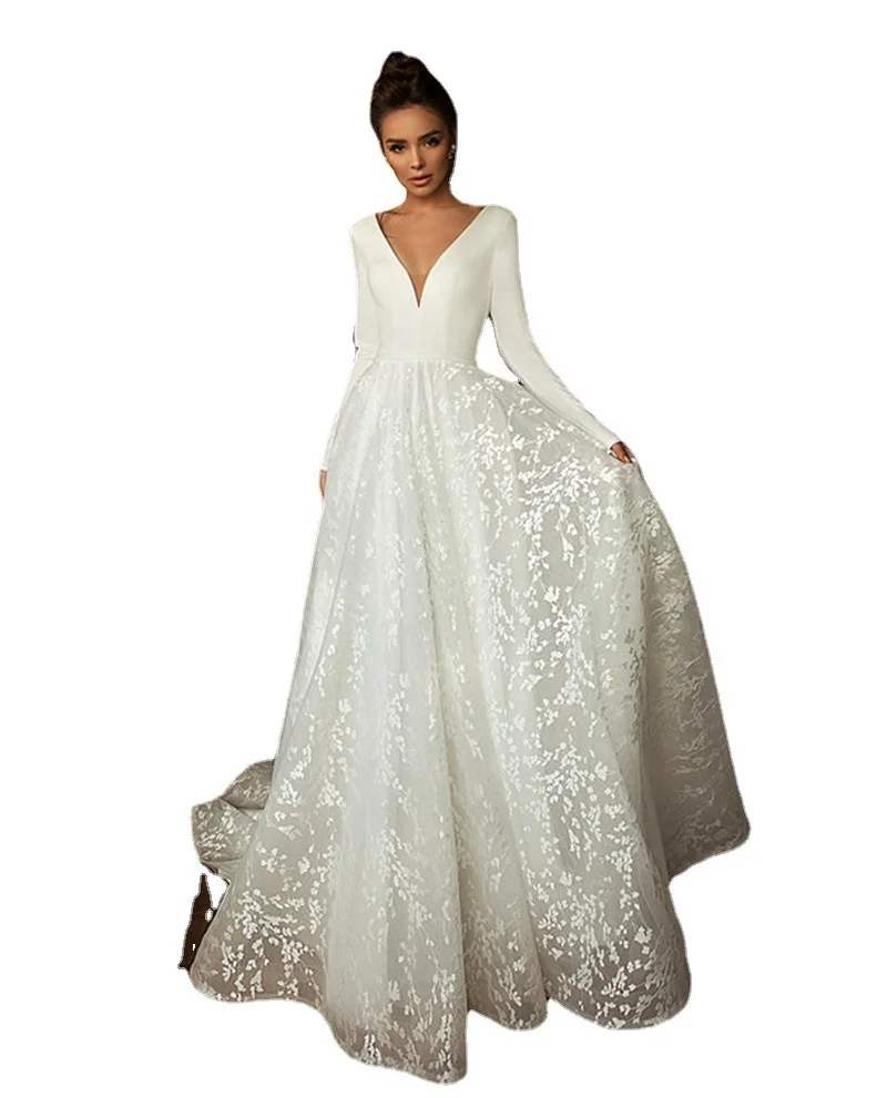 Elegant A Line Lace 2022 Vestido Novia Long Sleeve Wedding Gowns Long Sleeves Wedding Dress V Neck White Lace Wedding Dress