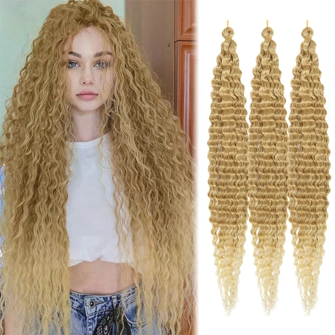 G&T Deep Wave Crochet Hair Extensions for Black Women Synthetic Ocean Wave Curly Braiding Hair Dyed Single Weft Wig