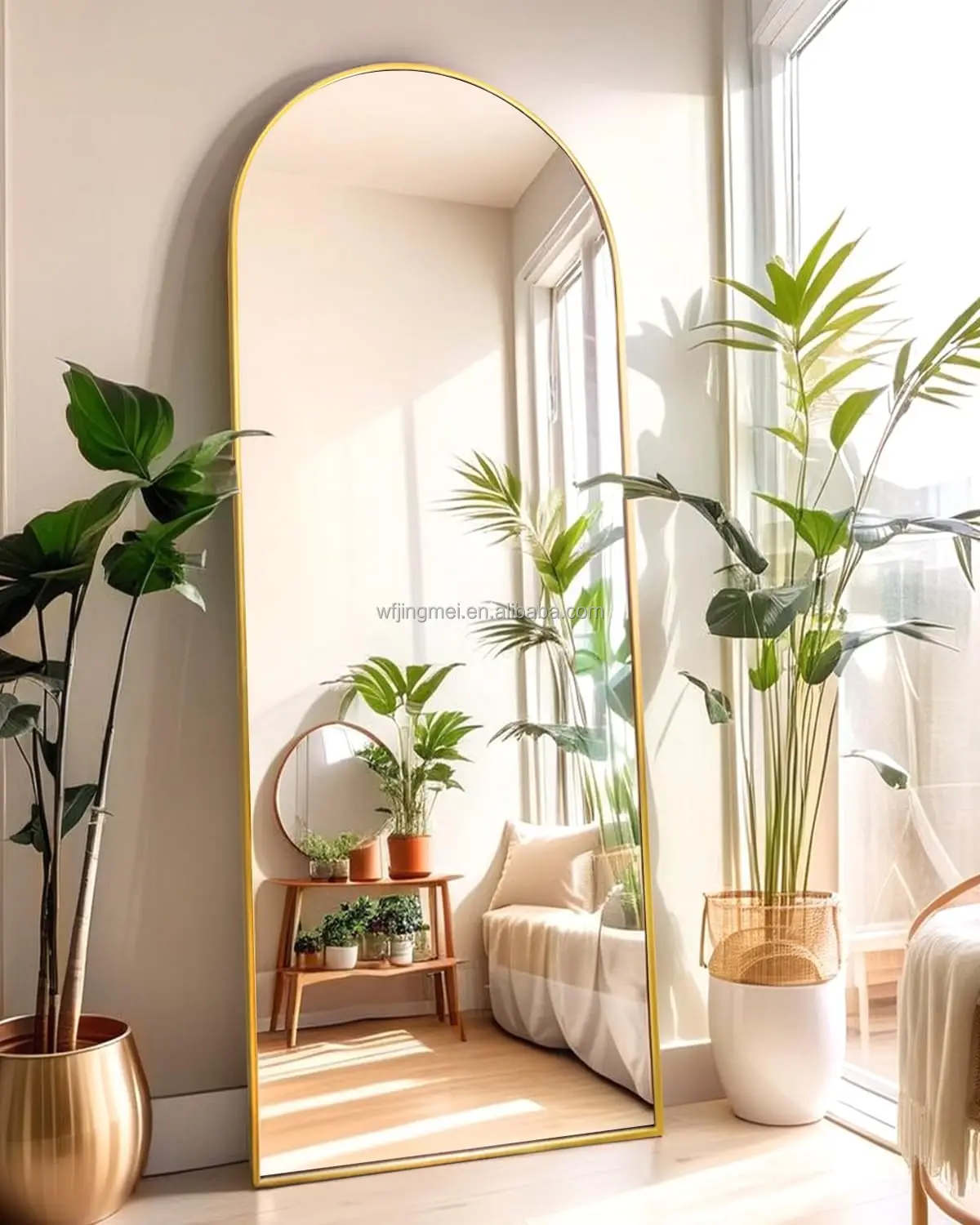 Aluminum Alloy Frame Floor Mirror with Stand, Large Bedroom Mirror Dressing Mirror, Free Standing or Leaning Against Wall, Gold