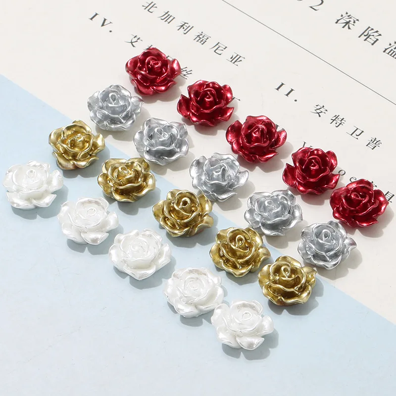 Shiny Pearlized Flower Beads 12mm Flat Back Acrylic Rose Flower Cabochons DIY Jewelry for decorate shoes and clothes
