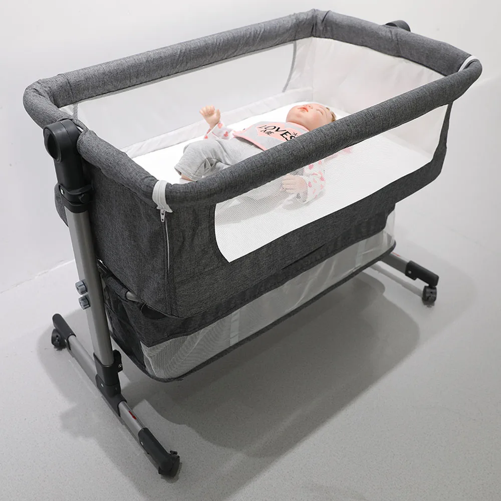 Portable Folding Adjustable Height Wheels Metal Newborn Infant Crib Bedside Co-sleeper Baby Bed With Canopy