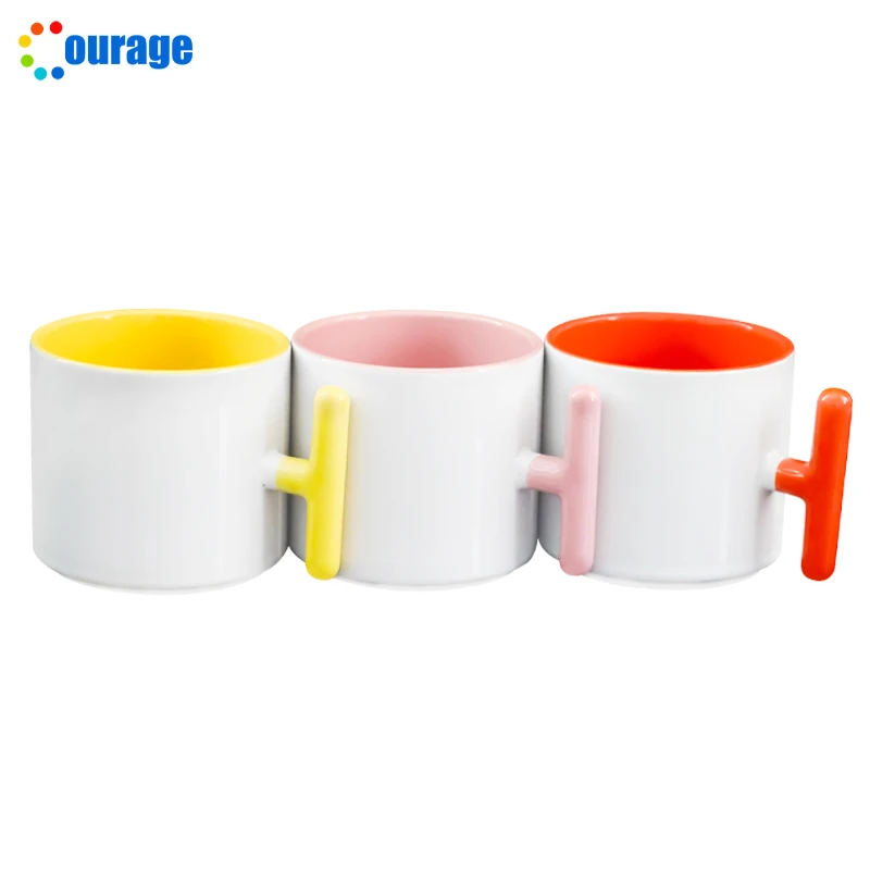 T shape handle inner color coffee mugs custom logo printed sublimation ceramic mug 8oz
