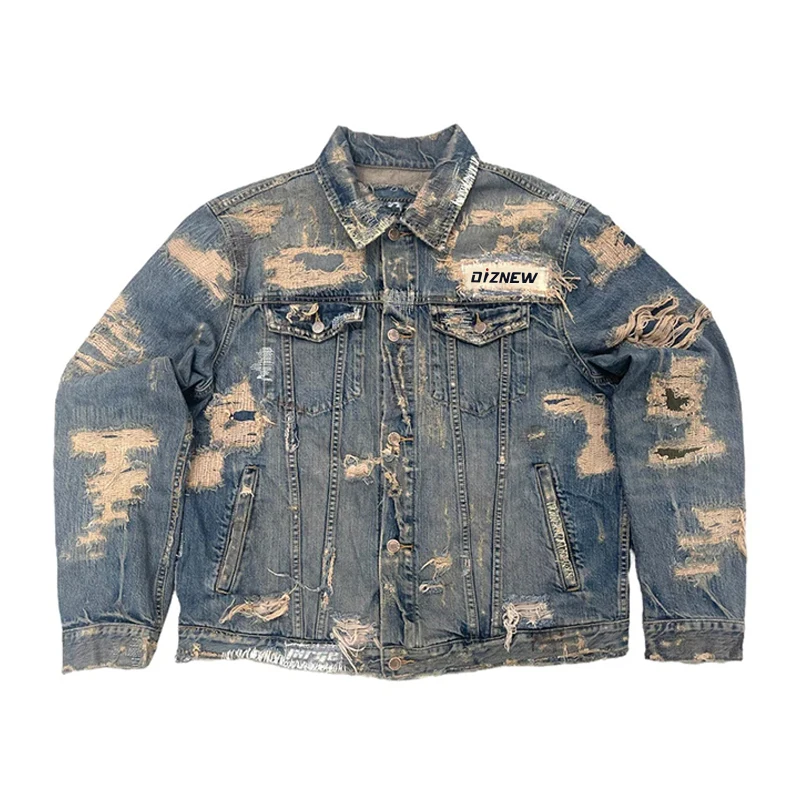DiZNEW High quality ragged folded jeans Blue ripped ragged denim street wear jean jacket Jean Jacket