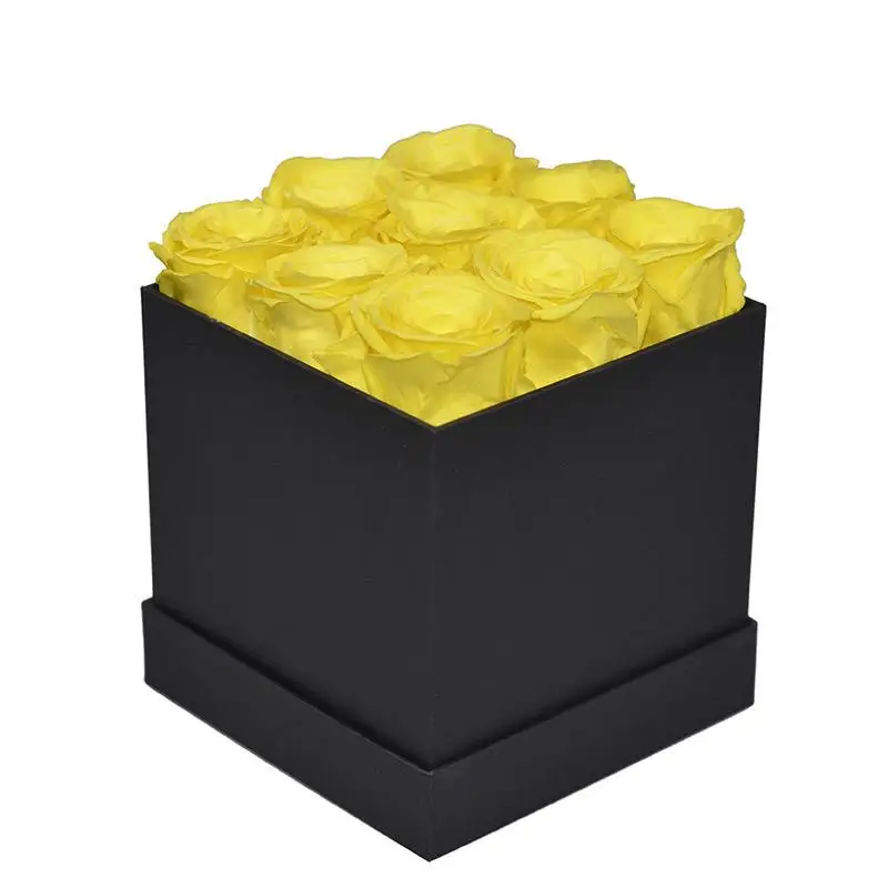 High Quality Square Hug Bucket Natural 9-heads Preserved Rose Flower Box for Christmas Gift for Girl Friend or Mom