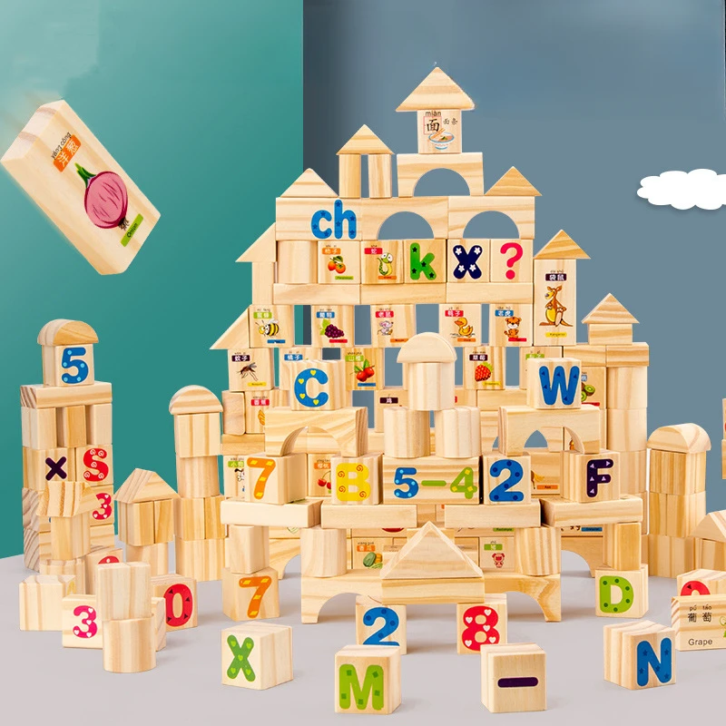 Wholesale Wooden Building Block Toy 110pcs Big Size Alphabet Shape Fruit Animal Blocks Educational Toy for Kids Dropshipping