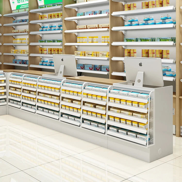Movable Store Checkout Counter with Cigarette Glass Display Cabinet for Stores, Shops, Pharmacy