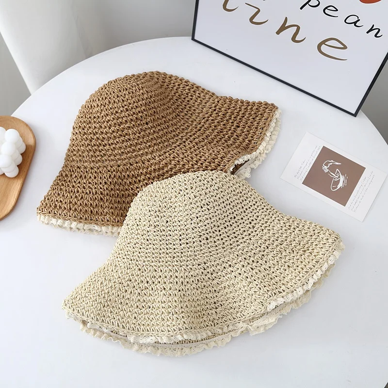 Wholesale female women summer lace trim crochet foldable paper straw bucket hats