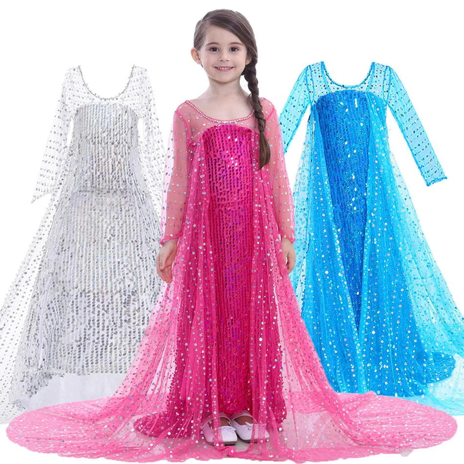 Elsa Dress Kids Girls Costume Snow Queen 2 Elsa Blue Pink Sequined Long Sleeve Dress TV & Movie Costumes For Girls