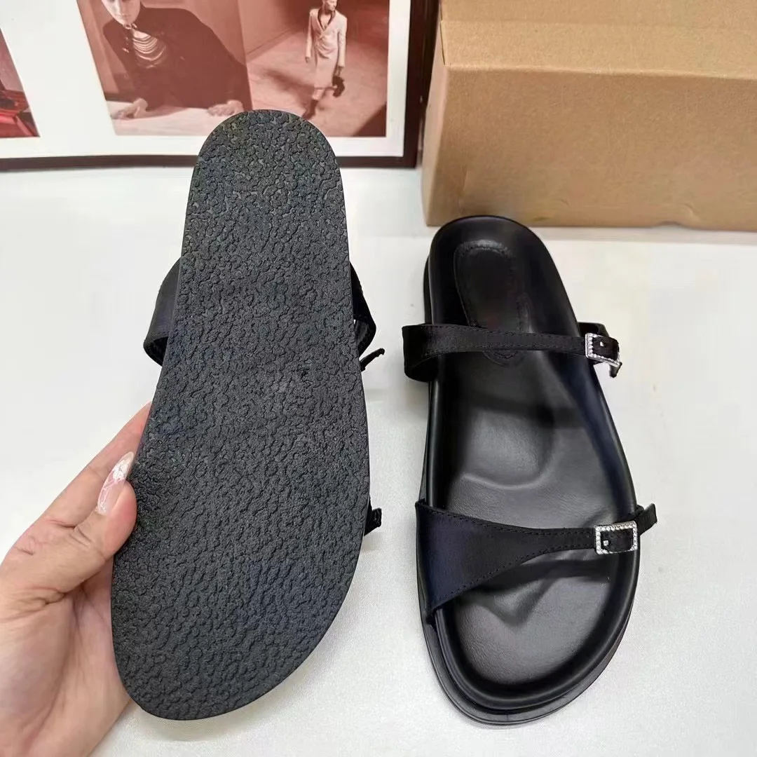 2024 New Square Head Satin Fabric Shallow Mouth Flat Casual Buckle Roman Slippers Woman Soft Sole Flats